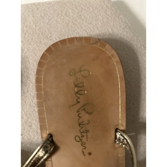 Lilly Pulitzer Gold Leather Sandal shell engraved medallions W 6 EUC ankle strap - Picture 7 of 9